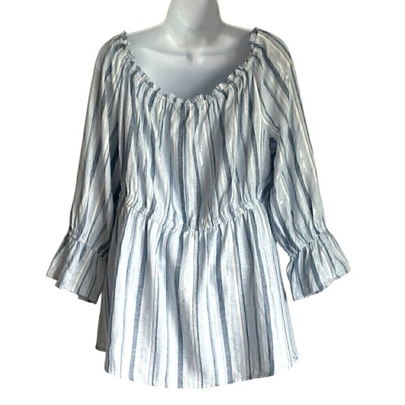 NWT Lane Bryant Linen Blend Off Shoulder Top in Blue, Silver, White - Size 14/16 - Picture 5 of 12